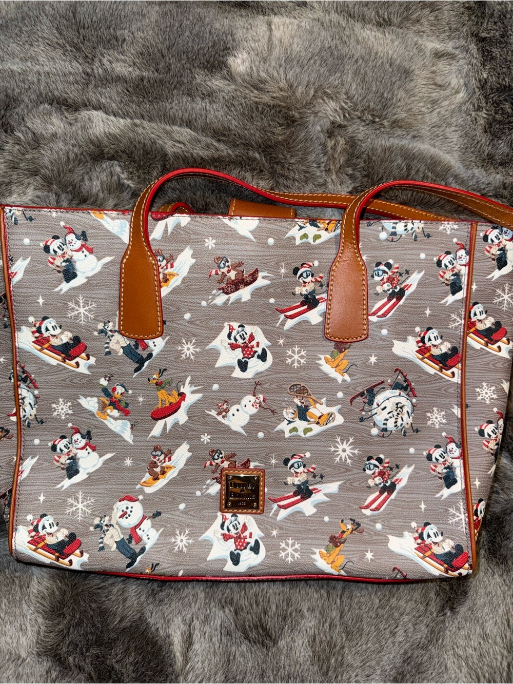 Dooney & Bourke Taupe Holiday Mickey & Friends Tote with Brown Trim